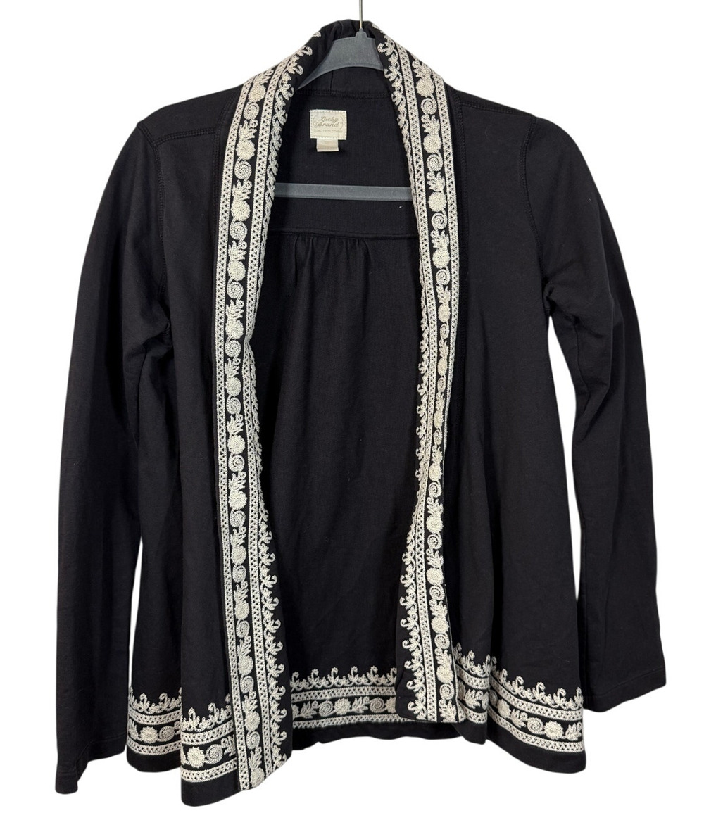 Lucky Brand Cardigan Women's XS Open Front Black Boho Embroidered Trim